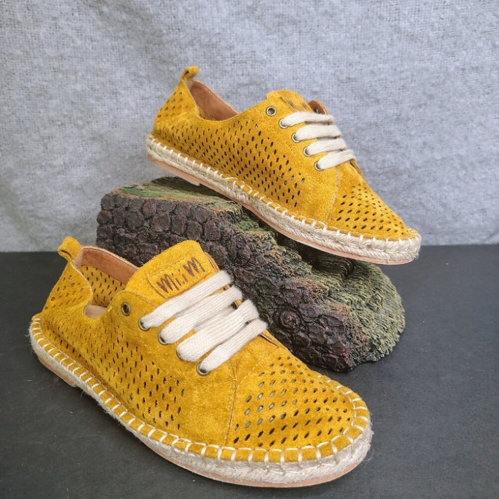 Mi.iM Espadrille Sneakers Women's Size 6.5 Mustard Leather‎ Lace Up Perforated